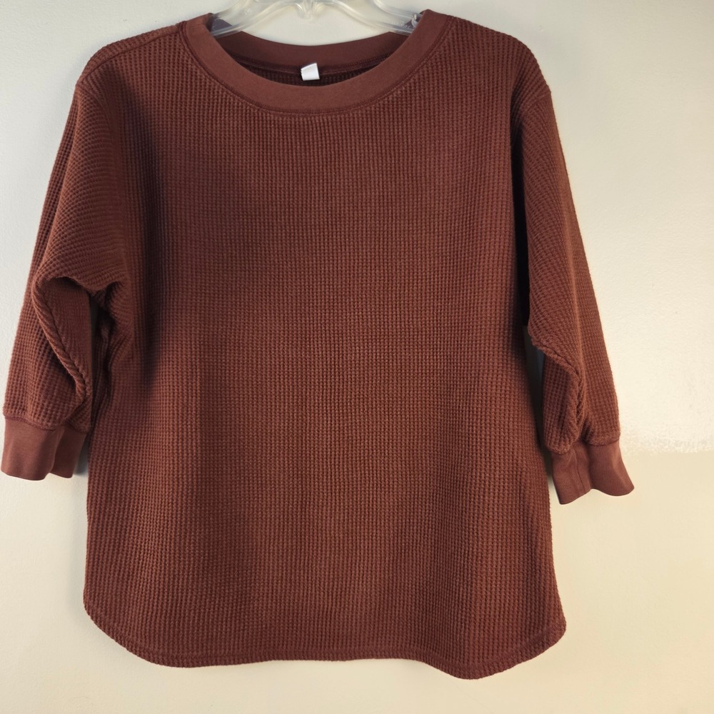 Uniqlo Womens Waffle Knit Crew Neck 3/4 Sleeve T-Shirt Brown Size M